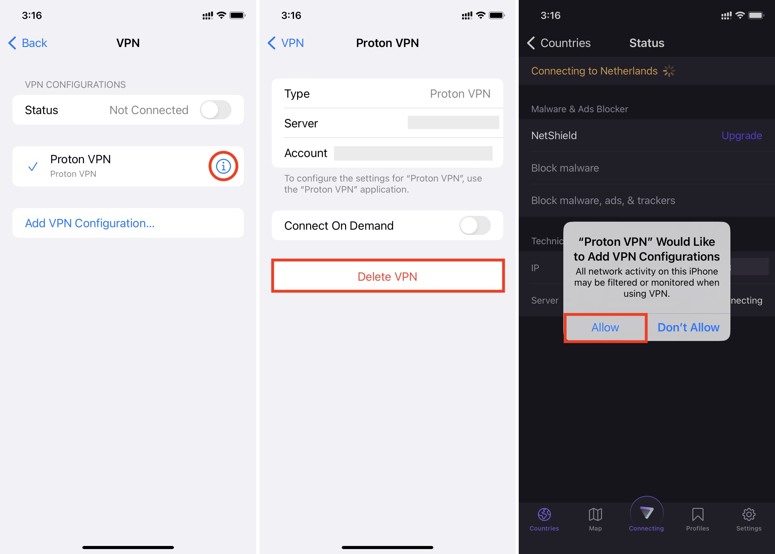 删除 VPN 配置文件并重新添加