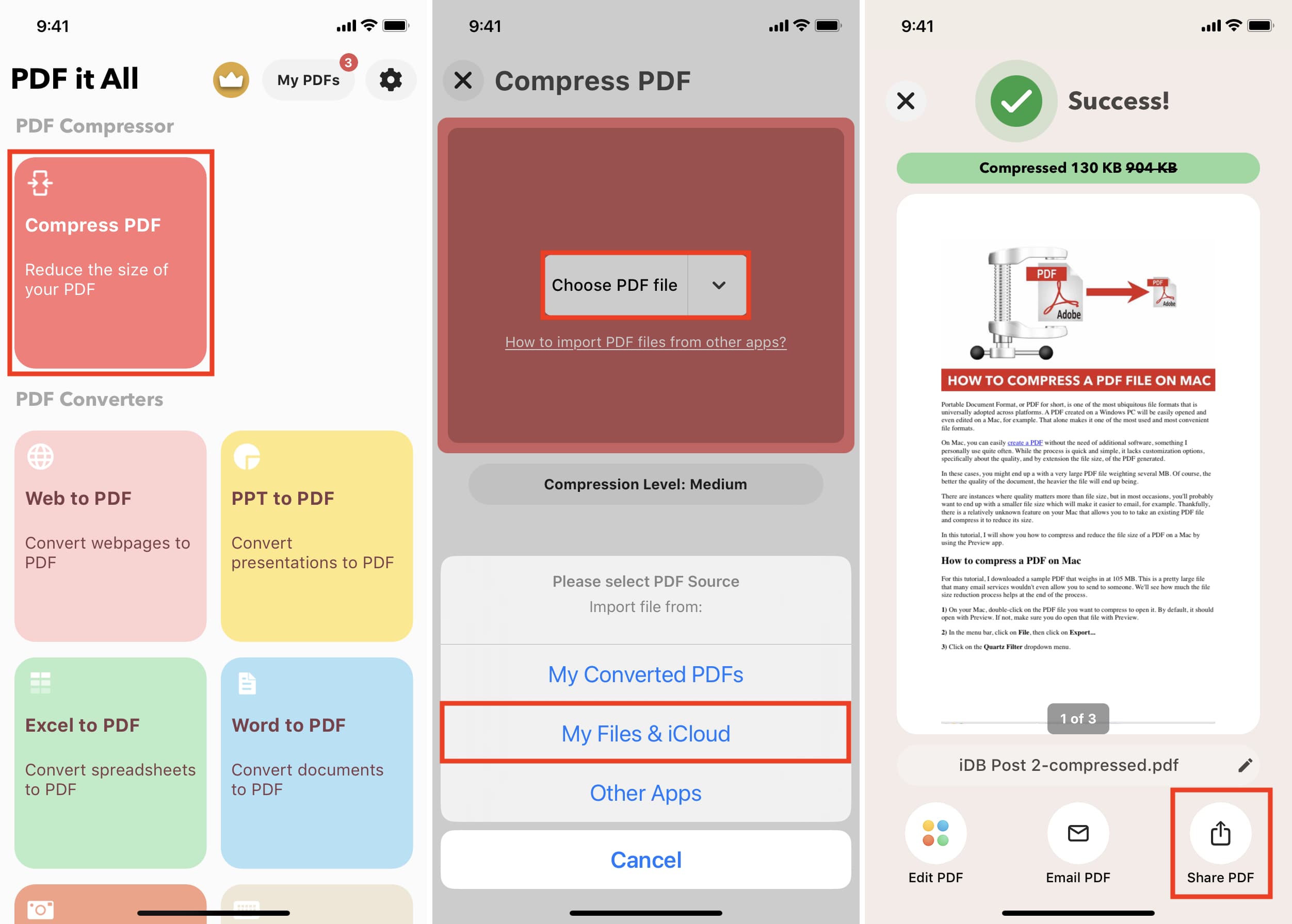 iPhone 上的 PDF it All 应用程序可压缩 PDF